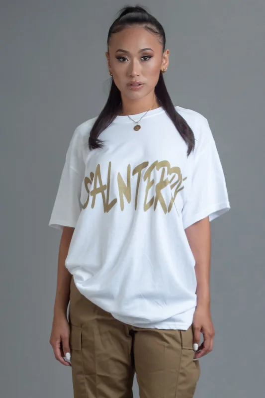 Women's Tall T-Shirts-WHITE N GOLD CNT OVERLAY TEE