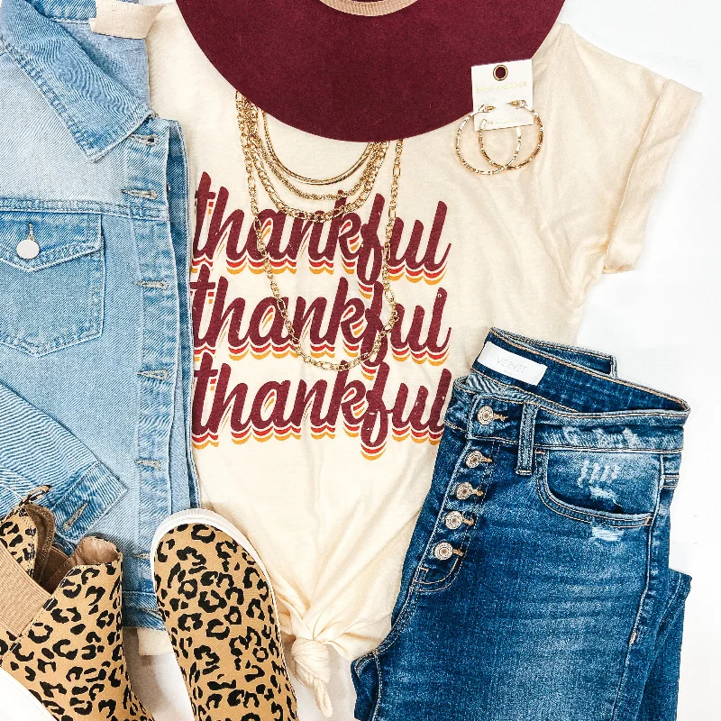 Women's Faux Suede T-Shirts-Thankful Retro Writing Short Sleeve Graphic Tee in Ivory