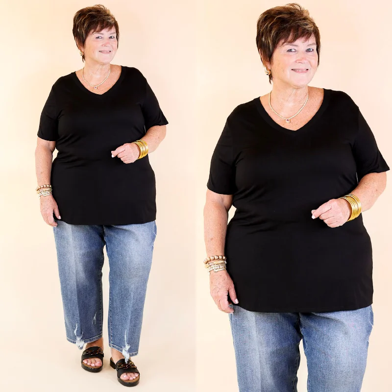 Women's Maxi T-Shirts-It's That Simple Solid V Neck Tee in Black