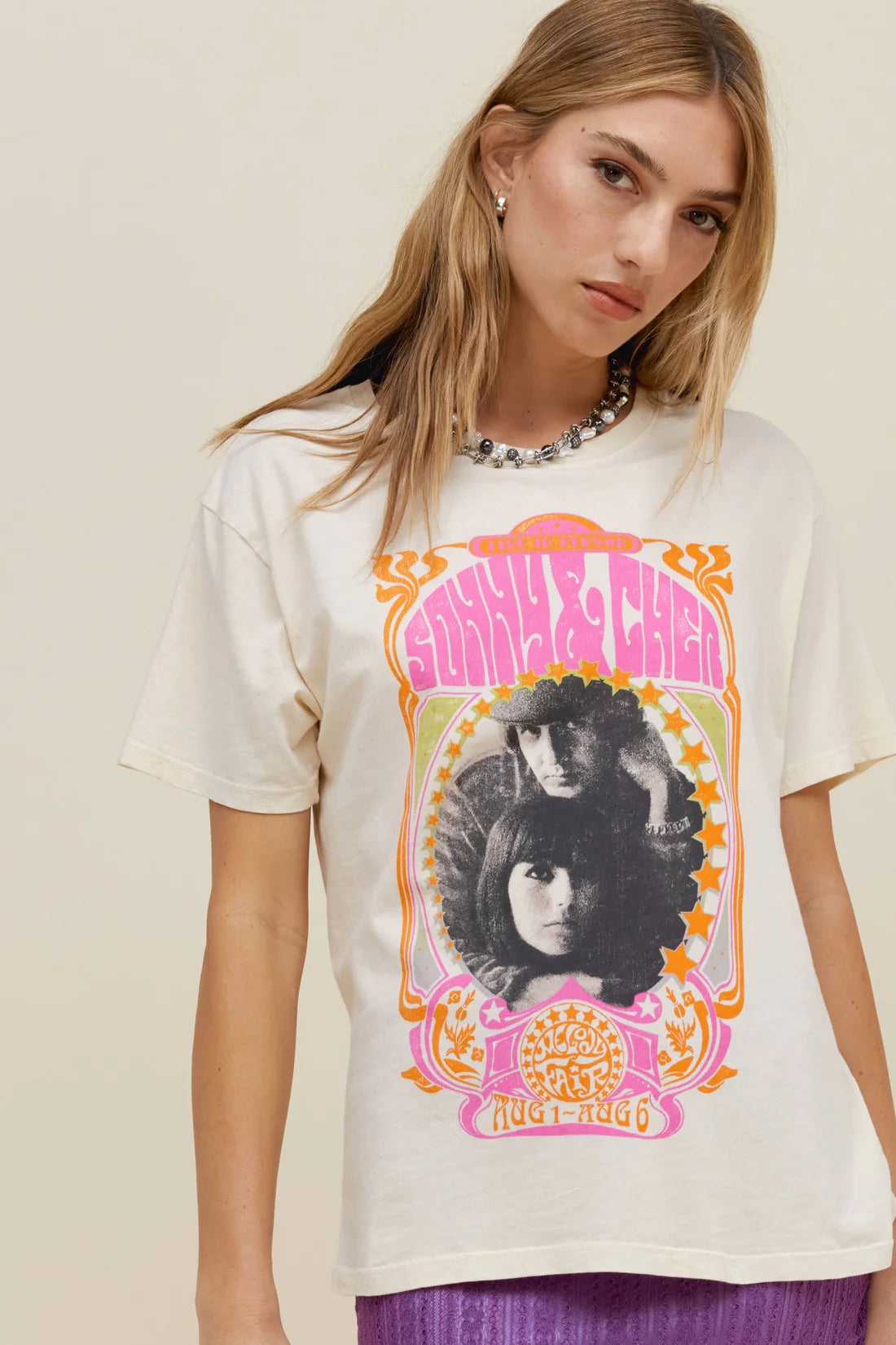 Women's Bohemian Print T-Shirts-Daydreamer Sonny And Cher Boyfriend Tee