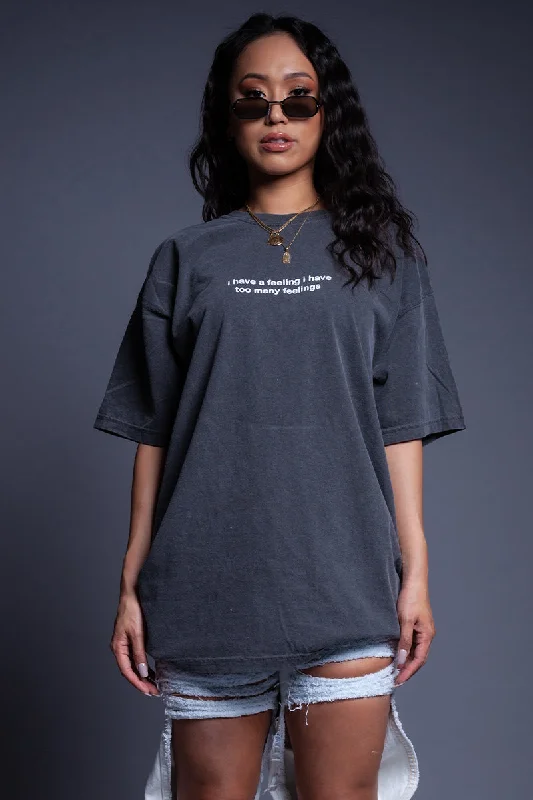 Women's Distressed T-Shirts-GREY N WHITE TOO MANY FEELINGS TEE