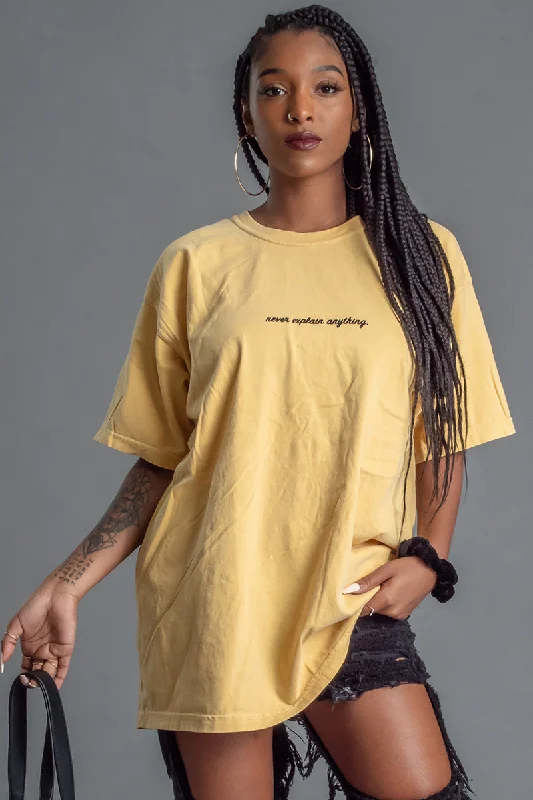 Women's Crystal Detail T-Shirts-MUSTARD N BLK NEVER EXPLAIN TEE