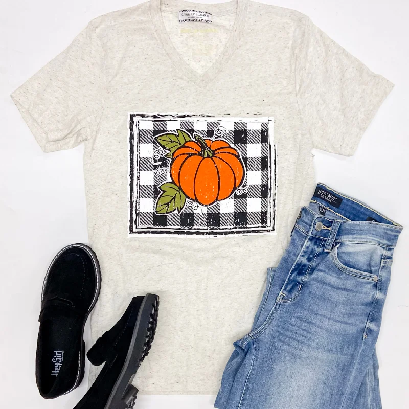 Women's Double Layer T-Shirts-Last Chance Size Small | Buffalo Plaid Pumpkin Short Sleeve Graphic Tee in Light Beige