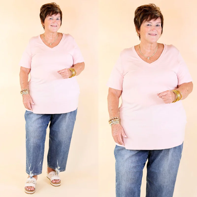 Women's Lace-Up T-Shirts-It's That Simple Solid V Neck Tee in Pastel Pink