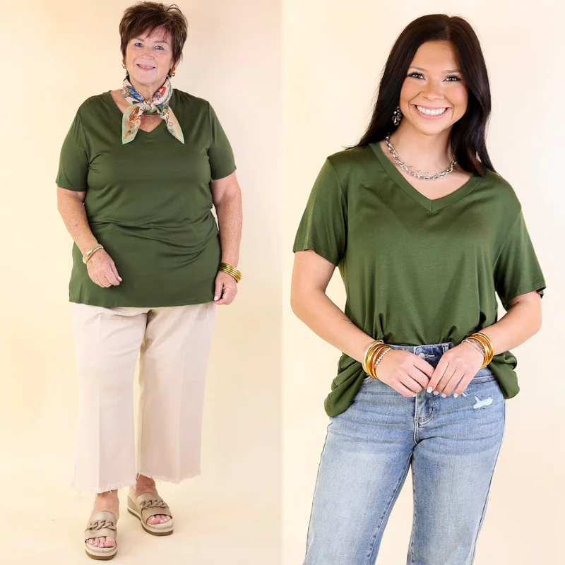 Women's Midi T-Shirts-It's That Simple Solid V Neck Tee in Fern Green