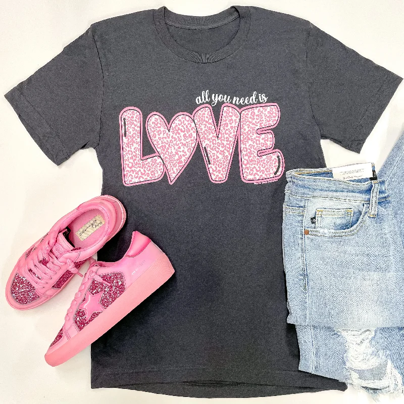 Women's Layered T-Shirts-All You Need Is Love Short Sleeve Graphic Tee in Charcoal Grey