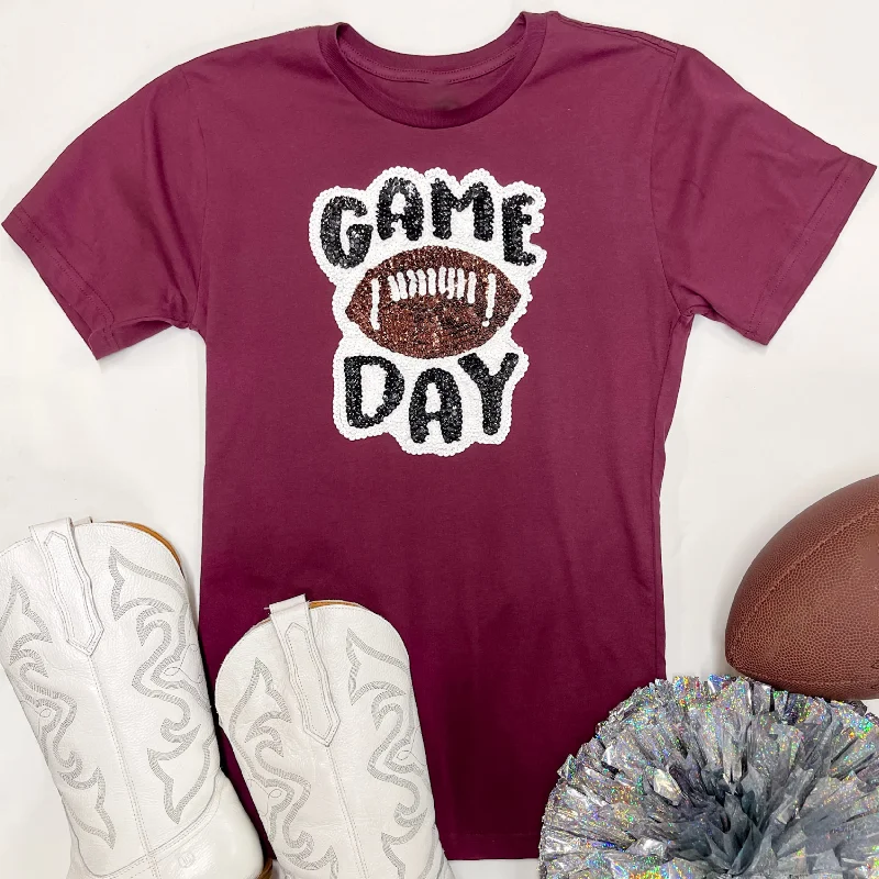 Women's Deconstructed T-Shirts-Gameday Sequin Patch Football Short Sleeve Graphic Tee in Maroon