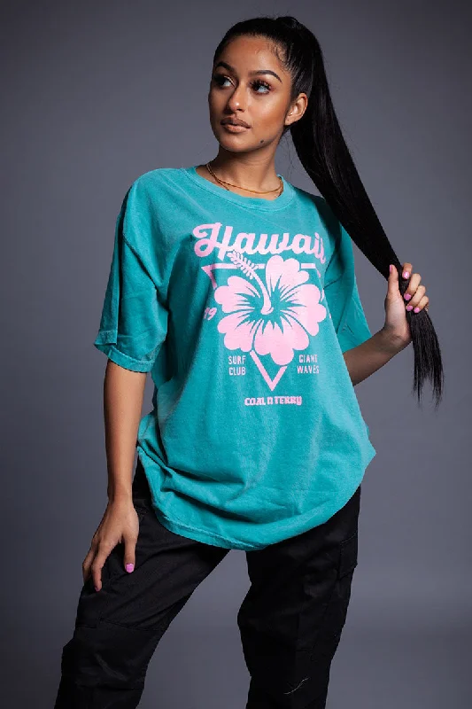 Women's Faux Leather T-Shirts-AQUA N PINK HAWAII TEE