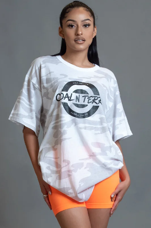 Women's Boxy T-Shirts-WHITE CAMO N BLK KILLING IT TEE