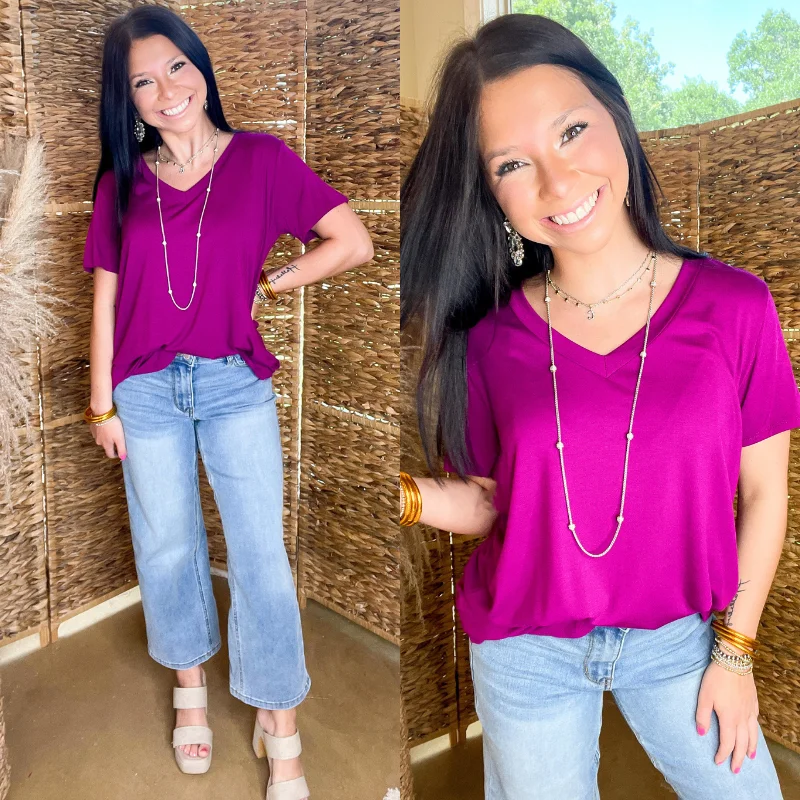 Women's Lace T-Shirts-Last Chance Size Small & Medium | It's That Simple Solid V Neck Tee in Magenta Purple