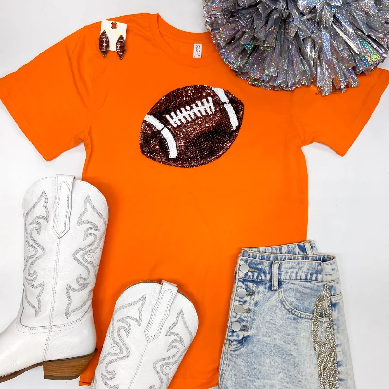 Women's Cutout T-Shirts-It's A Win Sequin Patch Football Short Sleeve Graphic Tee in Orange