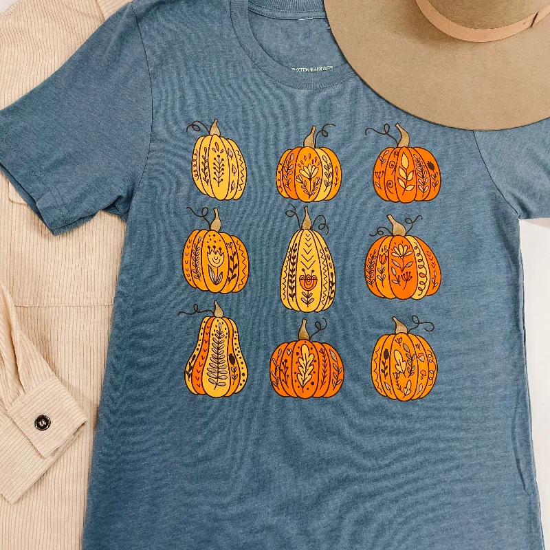 Women's Embroidered T-Shirts-Painted Pumpkins Short Sleeve Graphic Tee in Dusty Blue