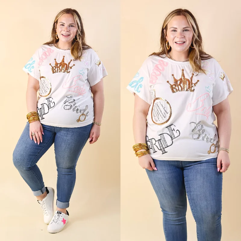 Women's Abstract Print T-Shirts-Queen Of Sparkles | Happily Ever After Bride Fully Sequin Short Sleeve Tee in White