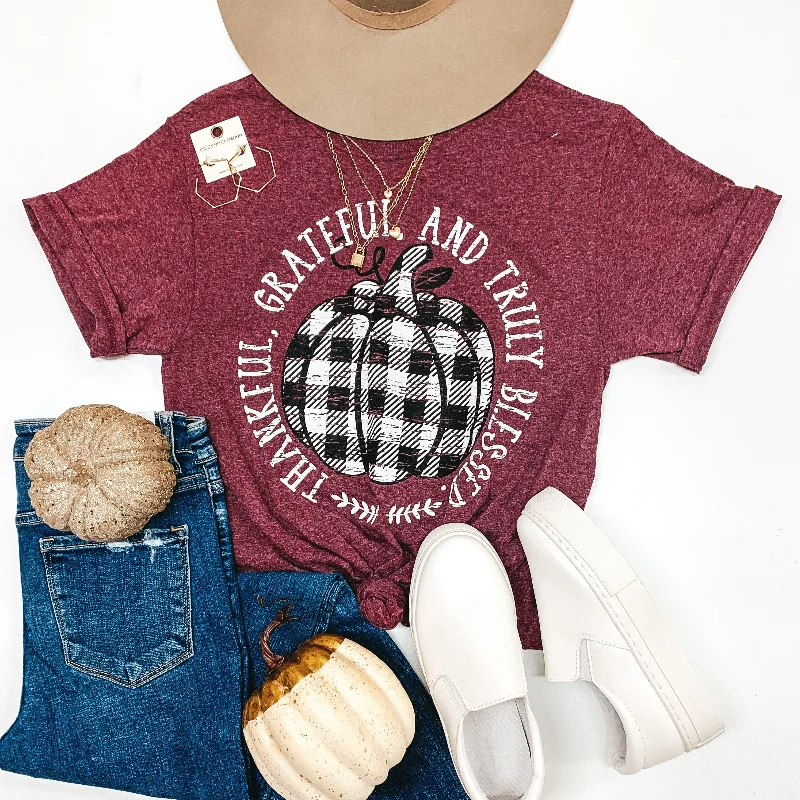 Women's Frill Detail T-Shirts-Thankful, Grateful, and Truly Blessed Short Sleeve Graphic Tee in Heather Maroon