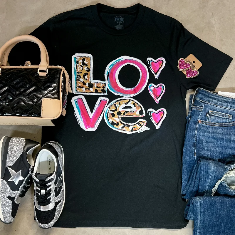 Women's Lace T-Shirts-LOVE Mix Print Letter Short Sleeve Graphic Tee in Black