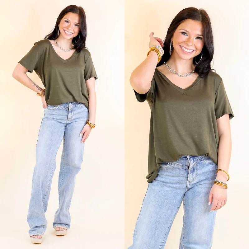 Women's Holiday T-Shirts-It's That Simple Solid V Neck Tee in Olive Green