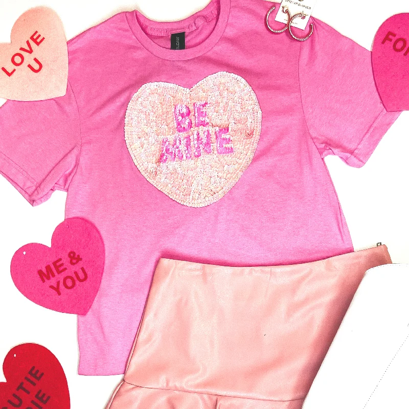 Women's Lightweight T-Shirts-Be Mine Sequin Heart Short Sleeve Graphic Tee in Pink