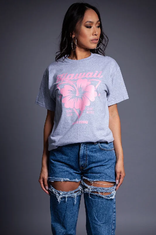 Women's Ethnic Print T-Shirts-LIGHT GREY N PINK HAWAII TEE