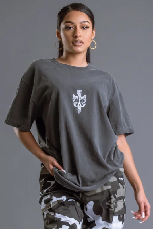 Women's Ruffle Sleeve T-Shirts-DARK GREY N WHITE BLESS UP TEE