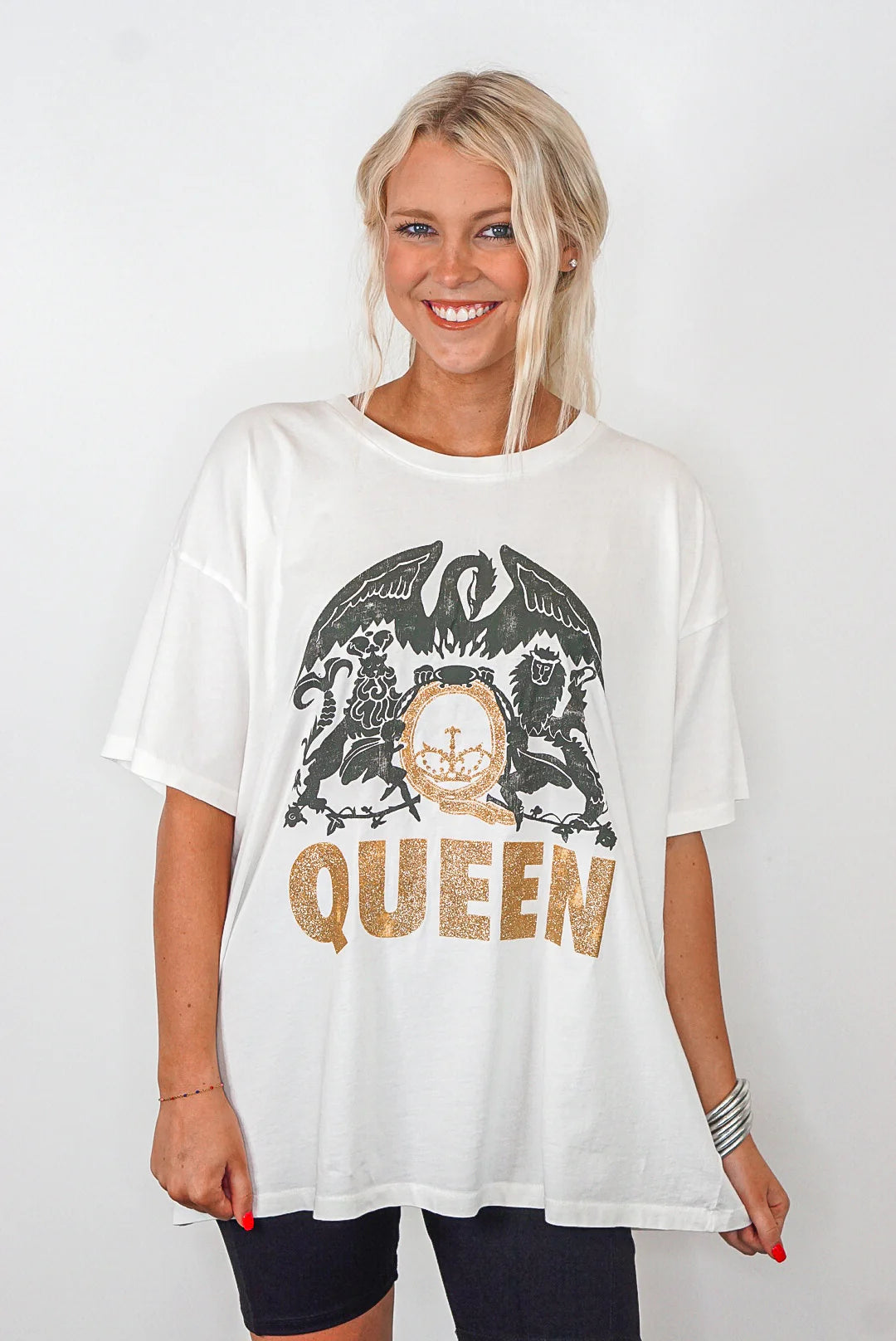 Women's Bell Sleeve T-Shirts-Daydreamer Queen Glitter Crest Tee