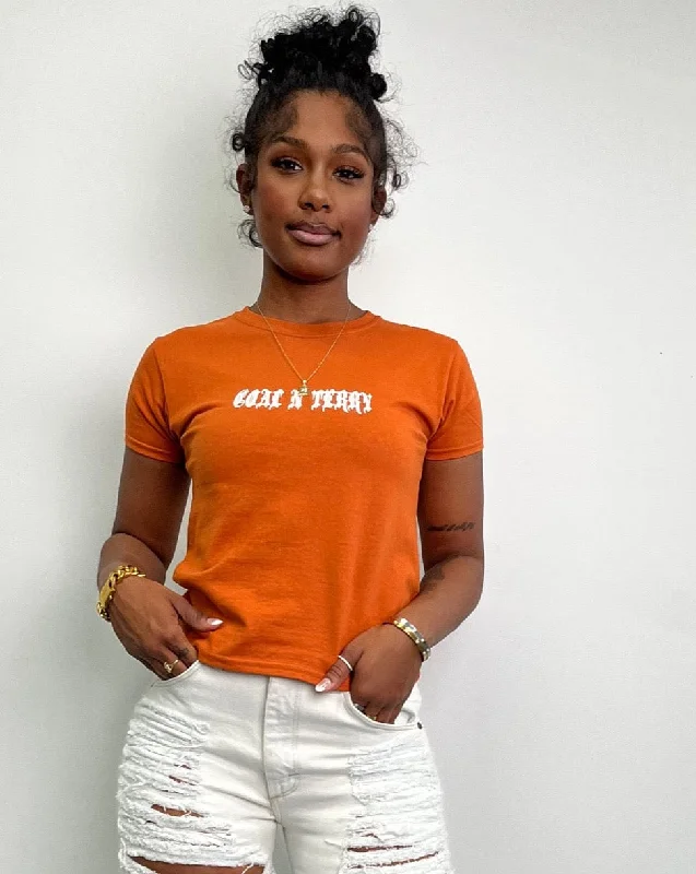 Women's Longline T-Shirts-ORANGE N WHITE MINI MEDI BABY TEE