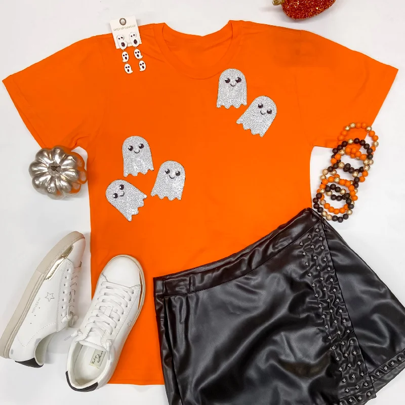 Women's Concert T-Shirts-Not A Scare In The World Sequin Ghost Short Sleeve Graphic Tee in Orange