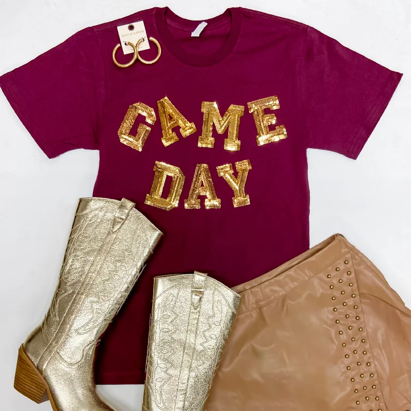 Women's Camouflage T-Shirts-Gameday Gold Sequin Letter Short Sleeve Graphic Tee in Maroon