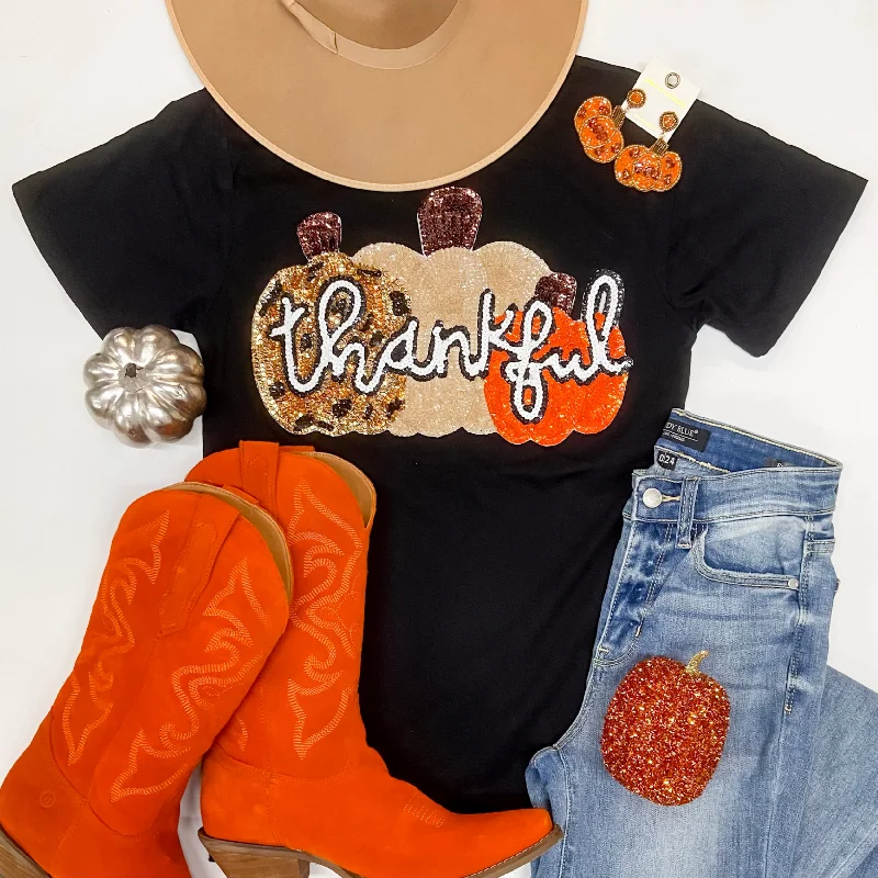 Women's Cold Shoulder T-Shirts-Thankful Pumpkin Sequin Patch Short Sleeve Graphic Tee in Black