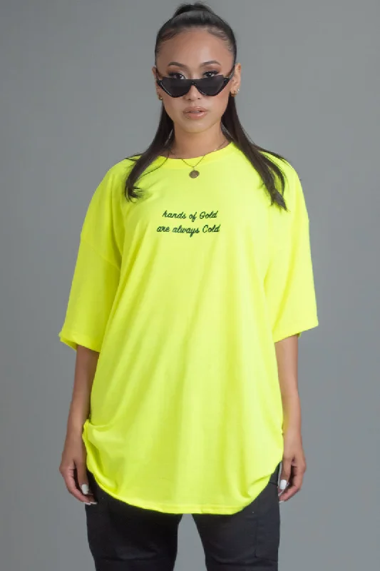 Women's Studded T-Shirts-NEON GREEN N BLK HANDS OF GOLD TEE