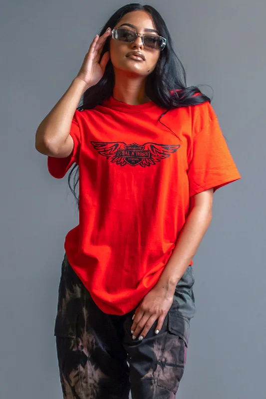 Women's Camouflage T-Shirts-RED N BLK ANGELS CLUB TEE