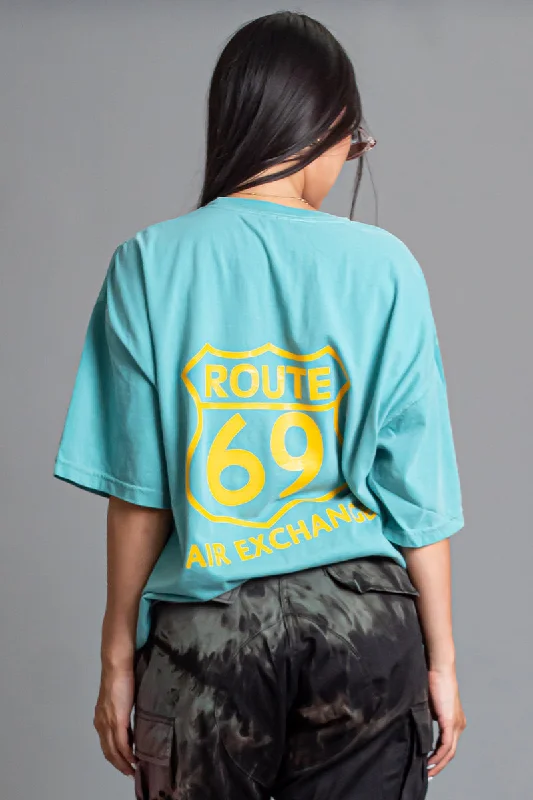 Women's Autumn T-Shirts-AQUA N YELLOW ROUTE TEE