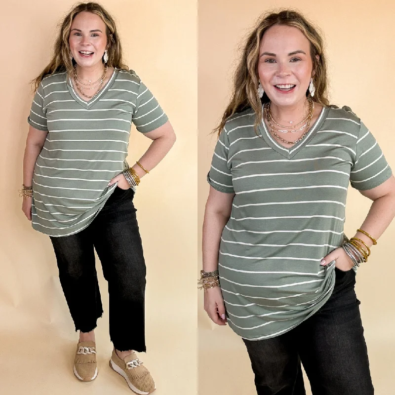 Women's Halter Neck T-Shirts-Keep Things Casual Striped V Neck Tee in Sage Green