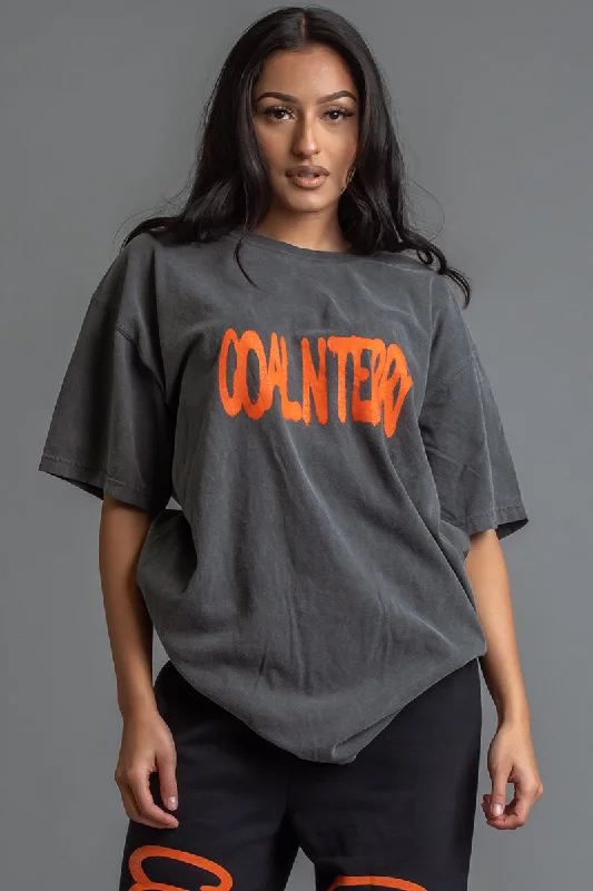 Women's Slogan T-Shirts-DARK GREY N ORANGE SPRAY CNT TEE