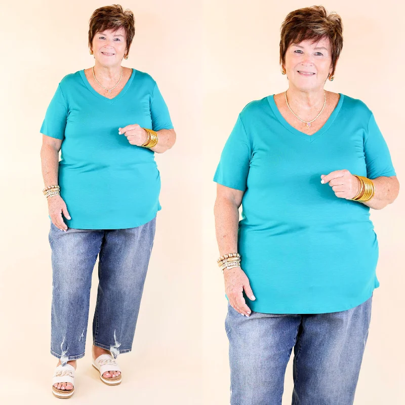 Women's High-Low Hem T-Shirts-It's That Simple Solid V Neck Tee in Teal Blue