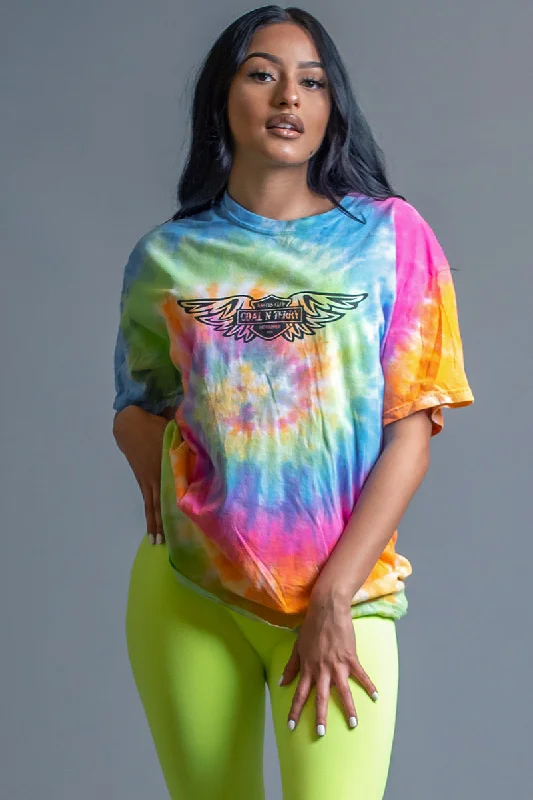 Women's Button Detail T-Shirts-TIE DYE ANGELS CLUB TEE