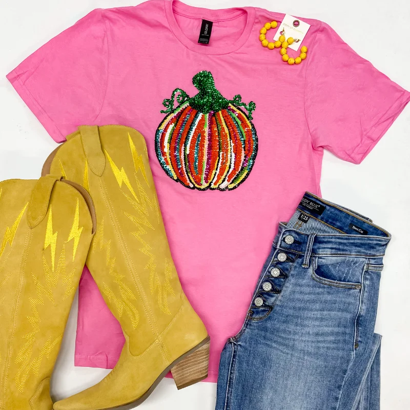 Women's Casual T-Shirts-The Great and Colorful Pumpkin Sequin Patch Short Sleeve Graphic Tee in Pink