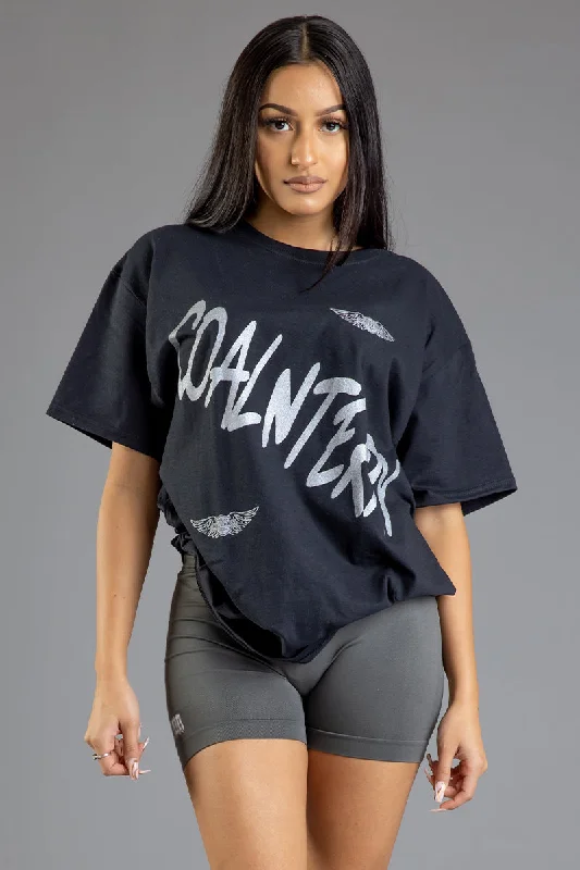 Women's Slit Sleeve T-Shirts-BLK N SILVER CNT RAGER TEE