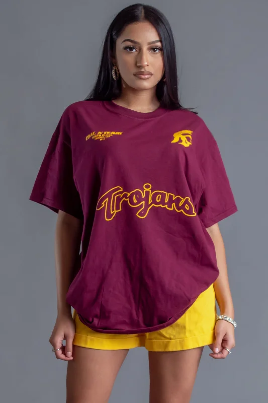 Women's Sheer T-Shirts-MAROON TEAM TROJAN TEE