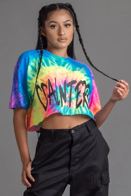 Women's Acid Wash T-Shirts-TIE DYE N BLK CNT OVERLAY CROP TEE