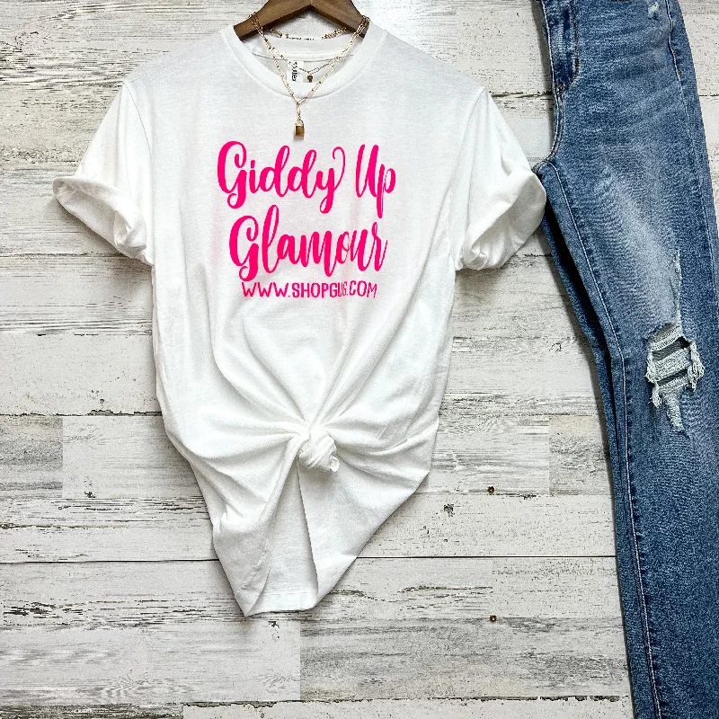 Women's Loose Fit T-Shirts-Black Friday Free Gift | Giddy Up Glamour Pink Graphic Logo Tee in White