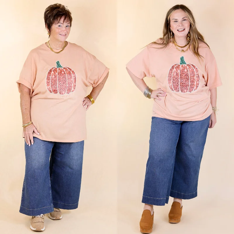 Women's Glitter T-Shirts-Sparkly Pumpkin Short Sleeve Faux Sequin Graphic Tee in Dusty Coral Orange