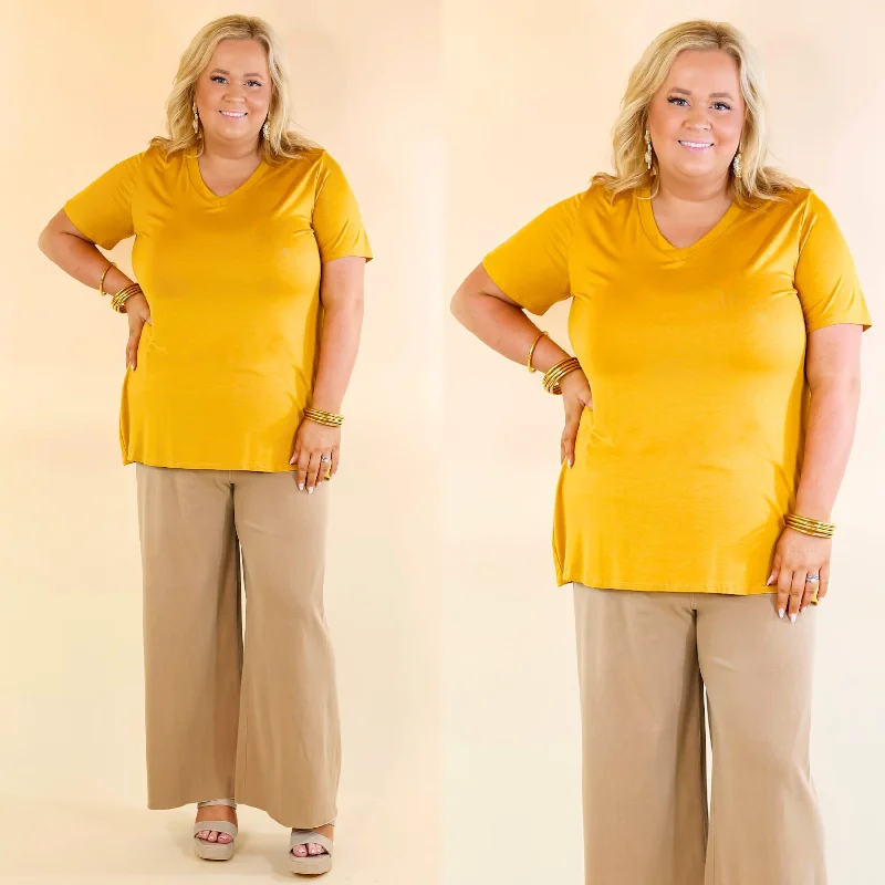 Women's Lurex T-Shirts-It's That Simple Solid V Neck Tee in Mustard Yellow