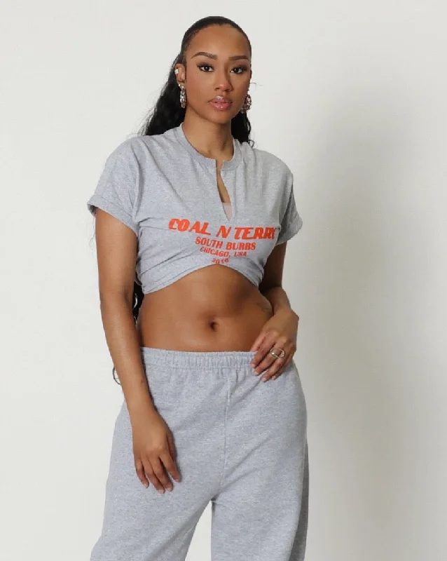 Women's Funny T-Shirts-SPORT GREY N ORANGE BURBS SLIT TEE