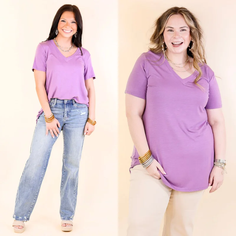 Women's Longline T-Shirts-Last Chance Size Small, Medium & 3XL | It's That Simple Solid V Neck Tee in Dusty Lavender