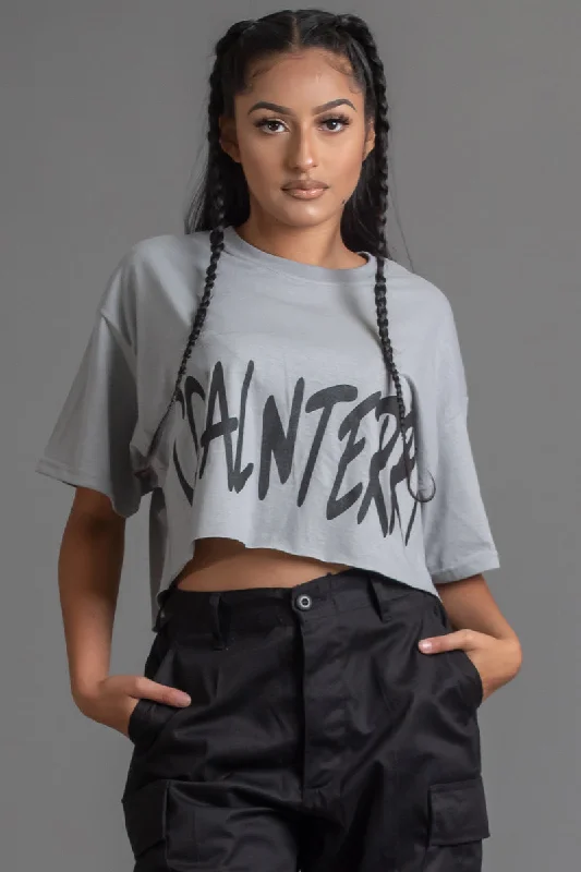 Women's Activewear T-Shirts-LIGHT GREY N BLK CNT OVERLAY CROP TEE