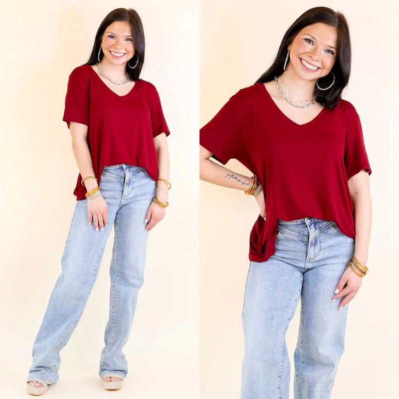 Women's Knot Front T-Shirts-Last Chance Size Small & 3XL | It's That Simple Solid V Neck Tee in Maroon