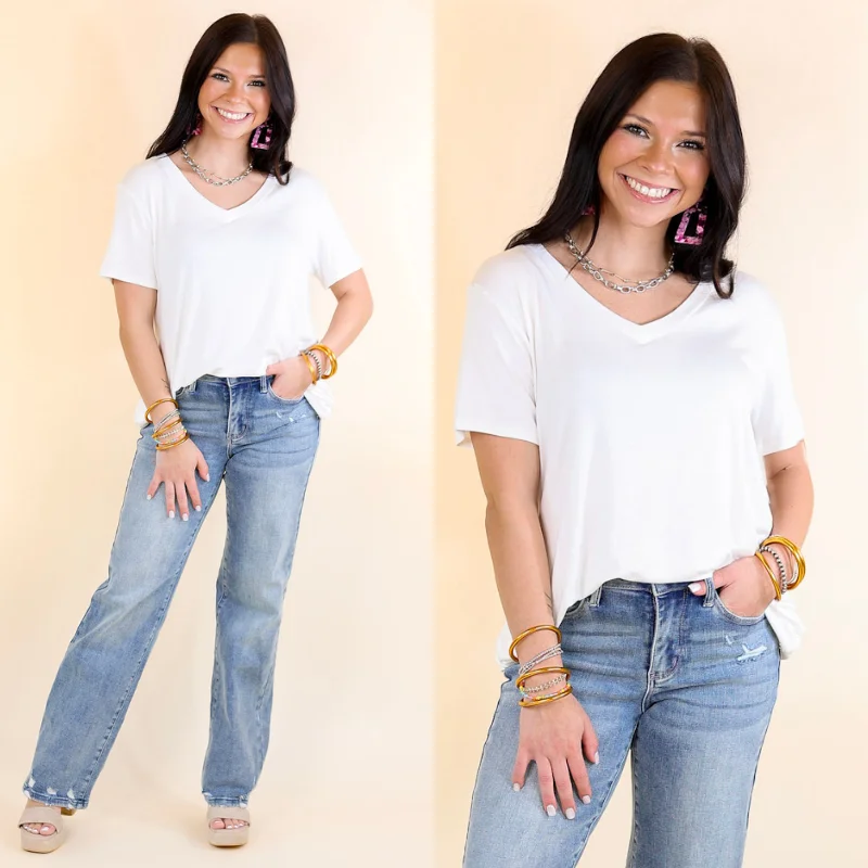 Women's Metallic Thread T-Shirts-It's That Simple Solid V Neck Tee in Off White