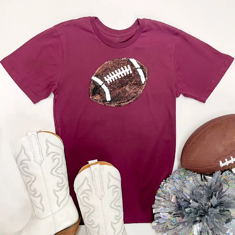 Women's Distressed T-Shirts-It's A Win Sequin Patch Football Short Sleeve Graphic Tee in Maroon