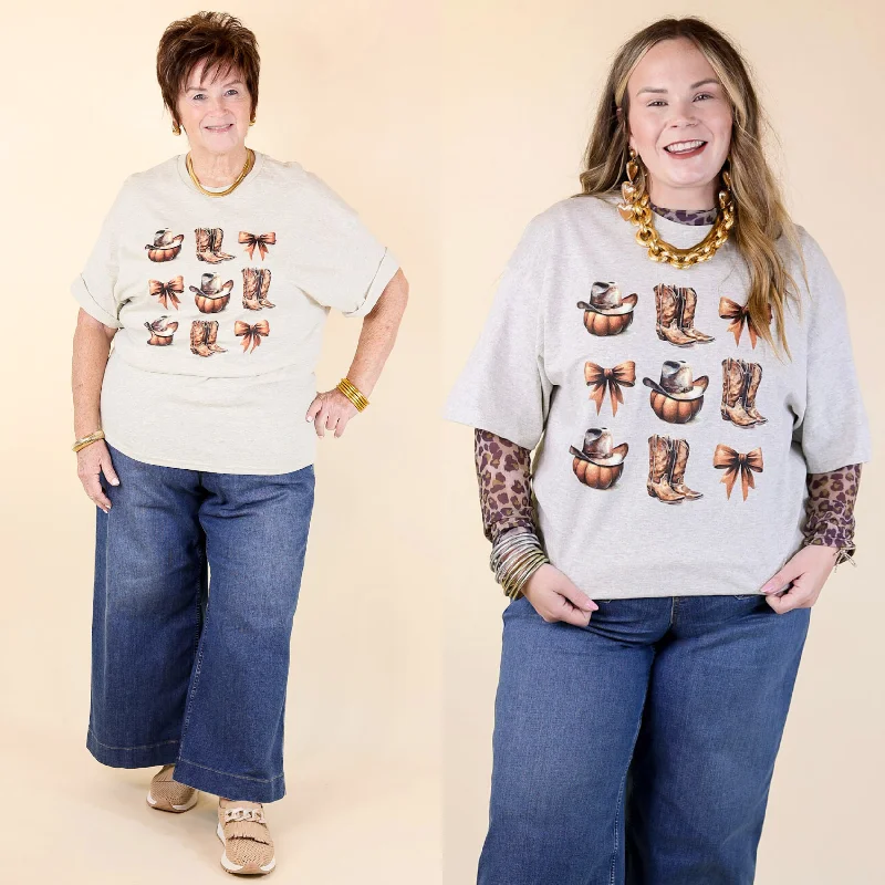 Women's Funny T-Shirts-Pumpkin, Boots, and Ribbon Short Sleeve Graphic Tee in Heather Grey