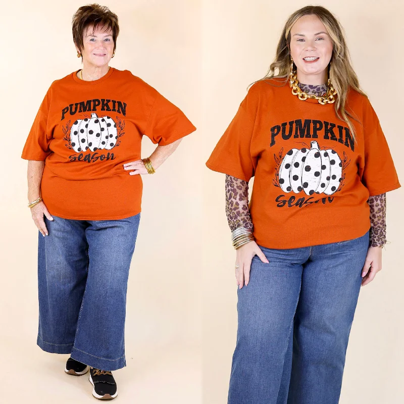 Women's Girlfriend T-Shirts-Polka Dot Pumpkin Season Short Sleeve Graphic Tee in Burnt Orange